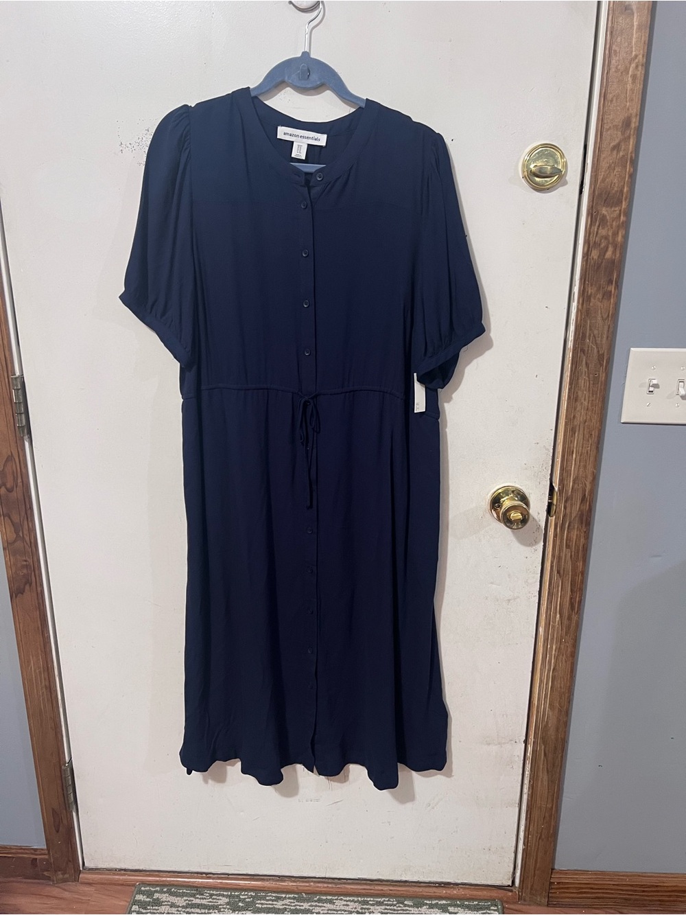 Amazon Essentials Navy Button-Front Midi Dress with Waist Tie